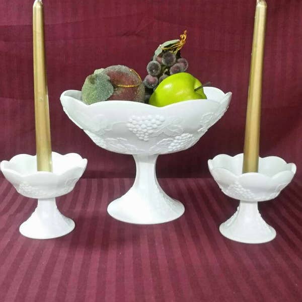 Milk glass pedestal fruit bowl and candle holders.  3 piece set , grape design