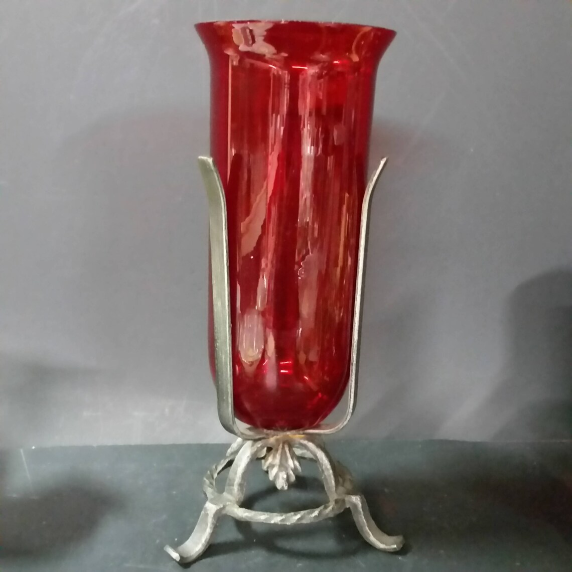 Vintage Ruby Red Hurricane Candle Holder on Decorative Stand Etsy