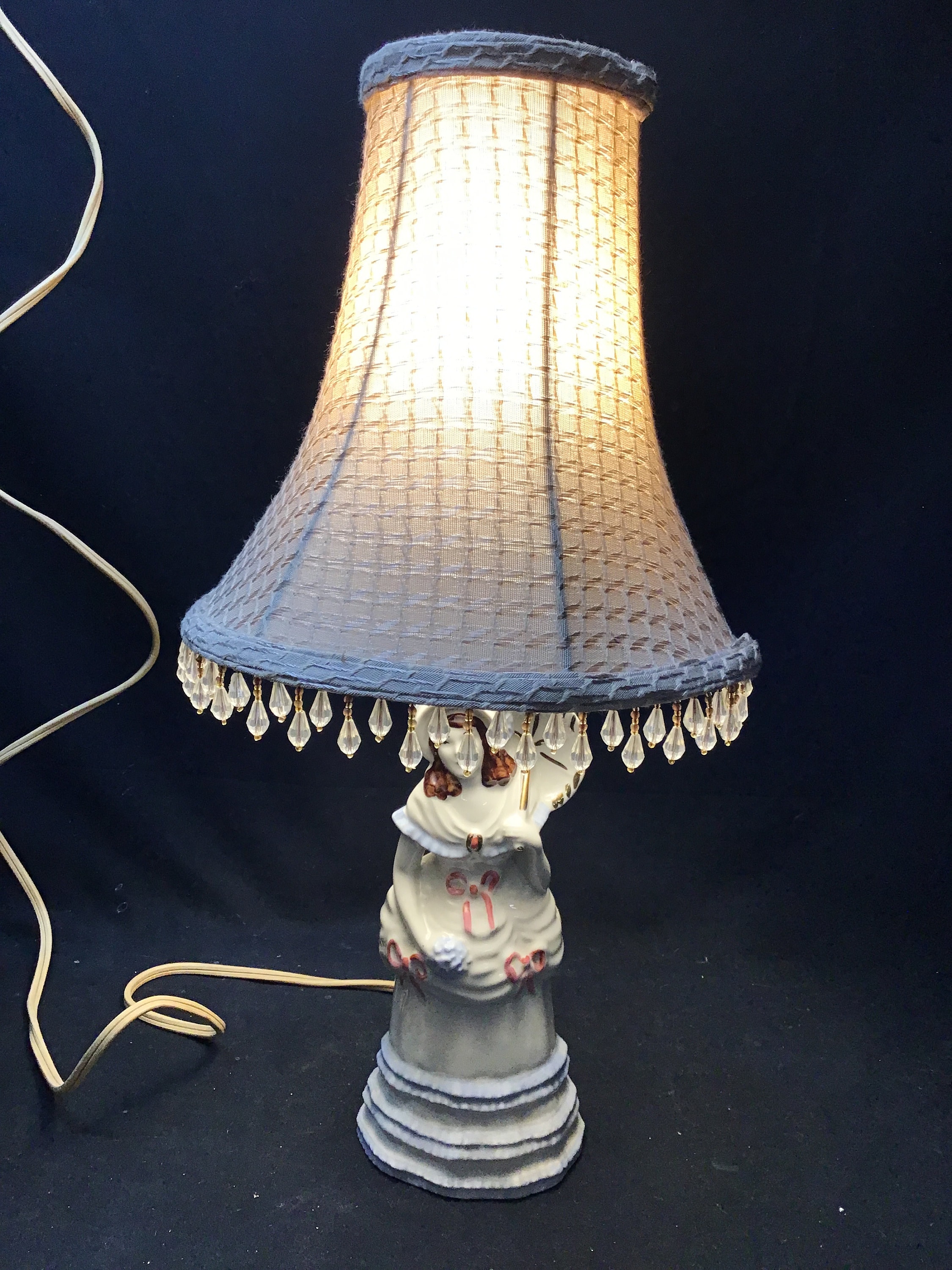 Vintage Porcelain Victorian Lamp. Lady With Parasol. Cloth Beaded Tassel  Shade 