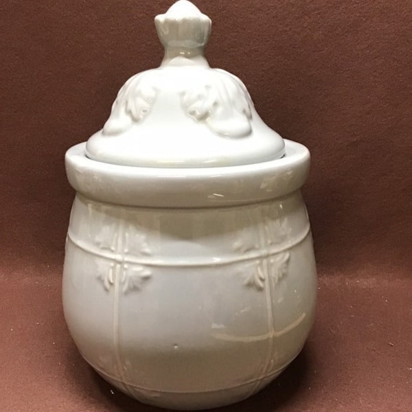 Vintage ceramic, gray barrel shaped cookie jar.