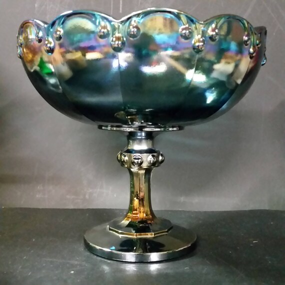 Vintage Indiana Iridescent Blue Carnival Glass Peacock Pedestal Large Bowl Compote Teardrop Garland Pattern with Scalloped Edges Vintage Indiana Iridescent Blue Carnival Glass Peacock Pedestal Large Bowl Compote Teardrop Garland Pattern with Scalloped Edges