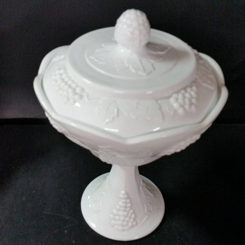 Vintage Milk Glass Pedestal Bowl With Matching Lid. Grape Etsy
