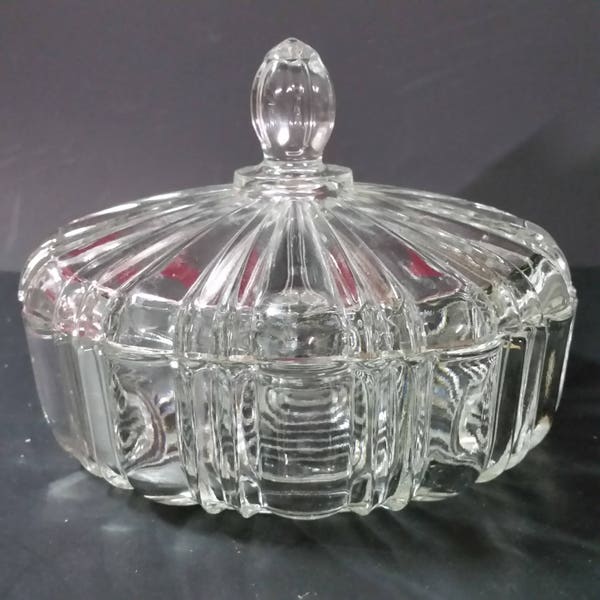 Clear glass candy dish, with lid.