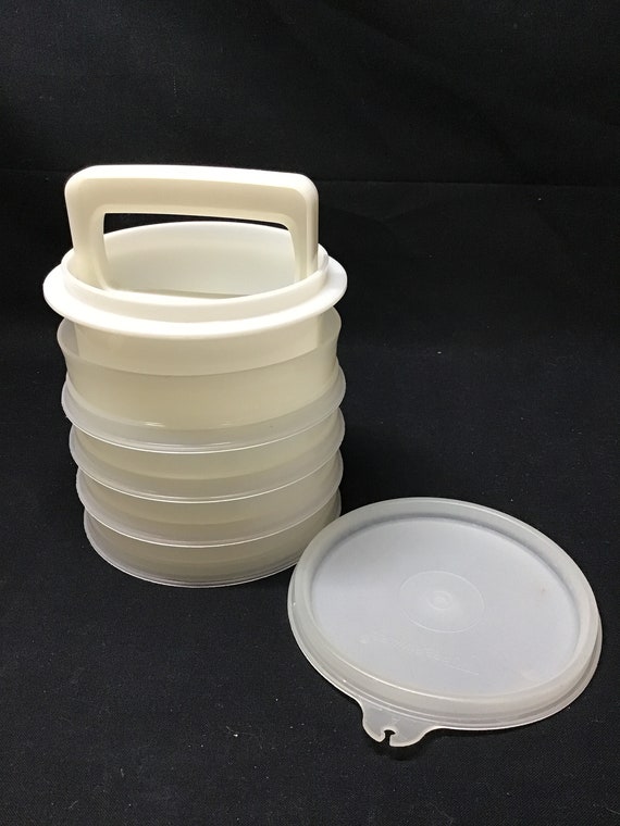 Vintage Tupperware Hamburger Press and 4 Storage Freezer Containers With Lid.  