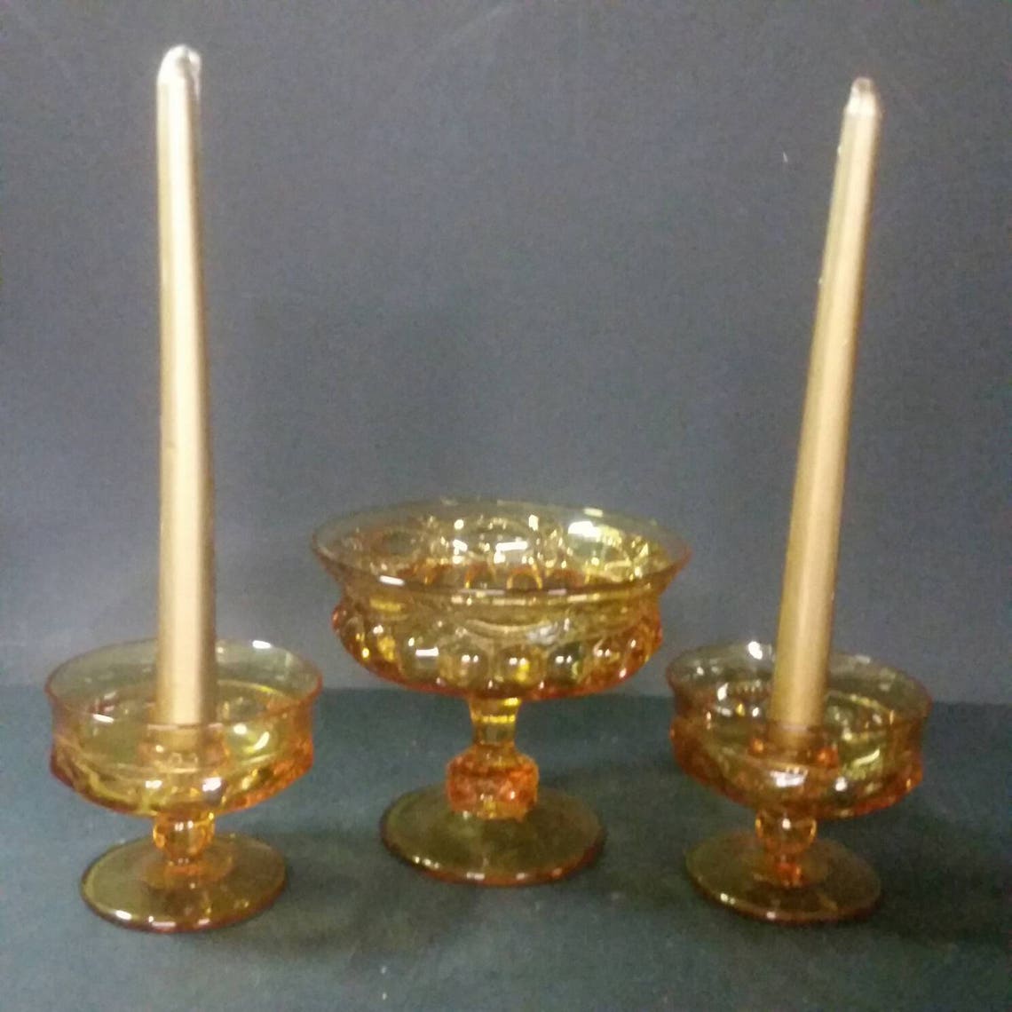 Vintage Amber Candle Holders and Matching Open Candy Dish. Etsy