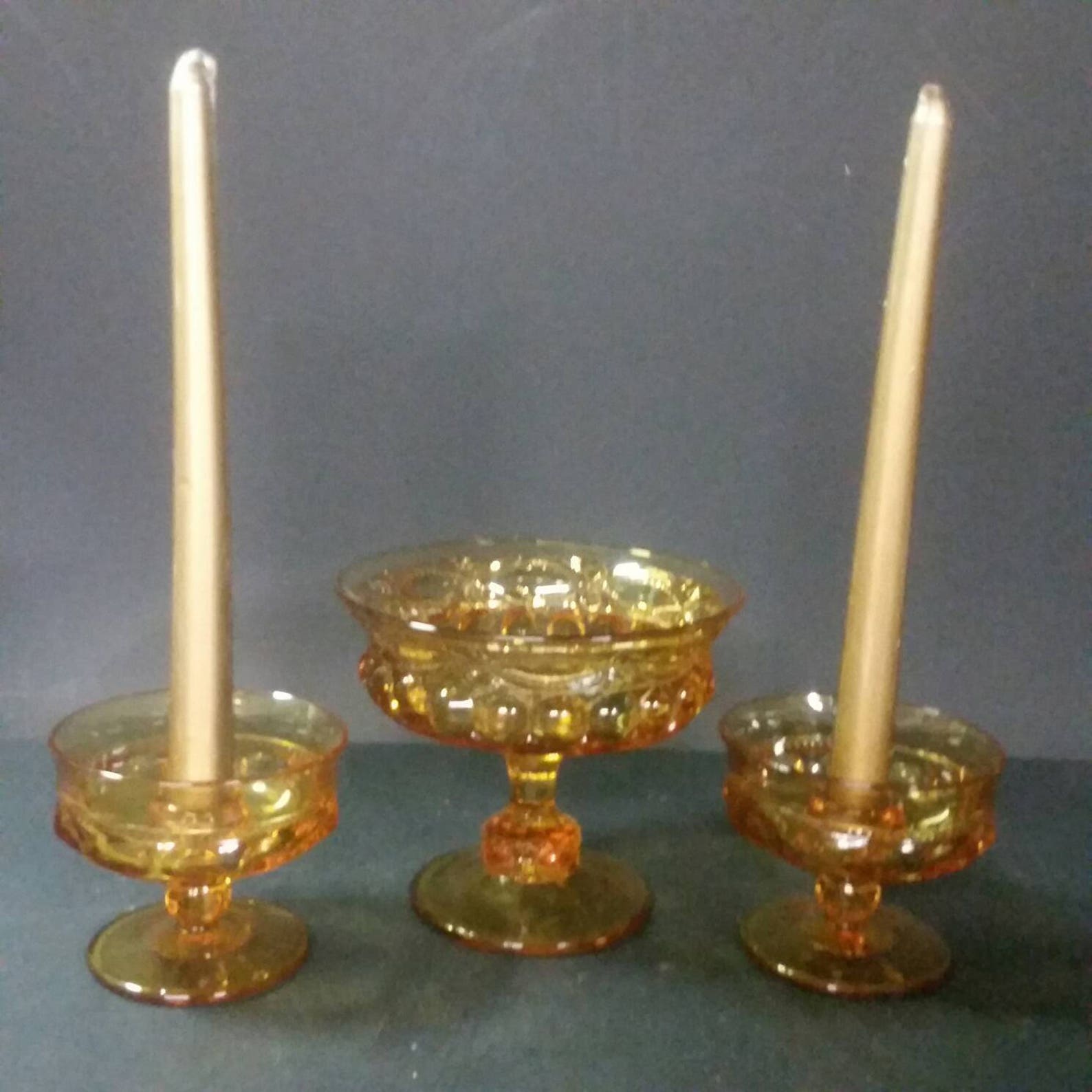 Vintage Amber Candle Holders and Matching Open Candy Dish. Etsy
