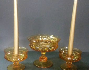 Vintage King's Crown amber candle holders and matching open candy dish.  Viking glass