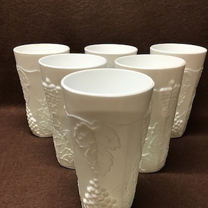 Milk glass, grape harvest design tumblers. Set of 4