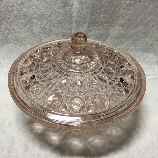 Vintage light pink lidded candy dish. Button and Diamond