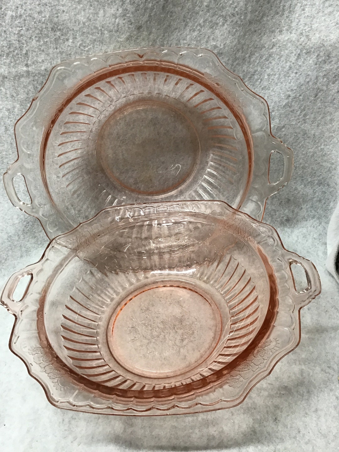 Pink Depression Glass Bowls, Etched Design. Mayfair Floral Pattern. Set