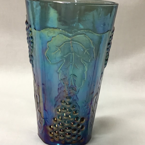 Vintage blue carnival glass tumbler. Harvest grape pattern.