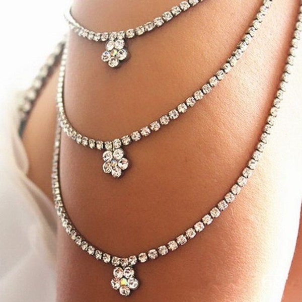 Strass schouder ketting, bruids sieraden, zilveren kristallen bh riem lichaamssieraden, bruiloft sieraden, avond sieraden, ballroom mode sieraden