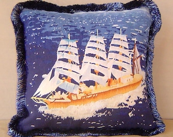 22" Wool Aubusson Tapestry Weave Pillow Fine Grain sailboat ship hand made