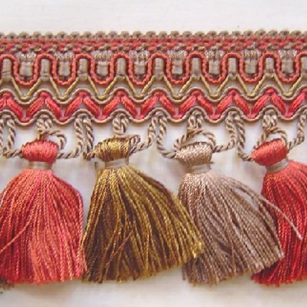 3.75" Tassel Fringe Salmon Red Dark Curry Dark Tan match Cord, bullion, scoll gimp, single tassel, brush fringe, rosette, braid tieback