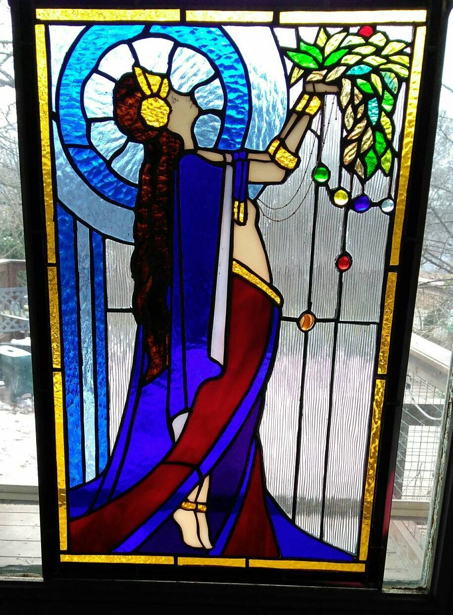 Stained Glass Woman in Garden Art Deco Etsy