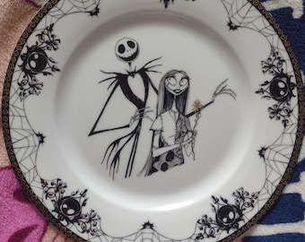 Vintage Disney The Nightmare Before Christmas Jack and Sally Black White and Gold Porcelain Plate