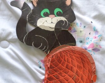 Vintage Halloween Black Cat and Pumpkin Honeycomb Paper Tissue Decoration