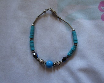 Vintage Blue Metal and Wooden Bracelet
