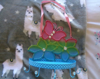Vintage Blue Green and Pink Jewelry Shelf with Hooks and Ribbon for Hanging