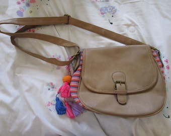 Vintage American Eagle Brown Purse w/ Multicolor Sides and Pomp Pomps and Tassels