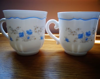 Vintage Arcopal France Tea Cups (Set of 2) - Blue Floral Milk Glass