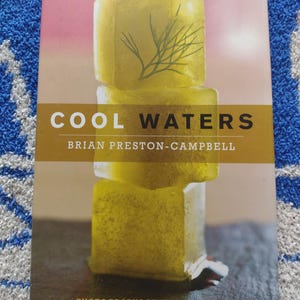 May include: A book titled "Cool Waters" by Brian Preston-Campbell, featuring a photograph of stacked ice cubes with a sprig of dill inside. The book cover has a pink background and the text "50 refreshing, healthy, homemade thirst quenchers" at the top. The text "Photographs by Jerry Errico" is at the bottom of the cover.