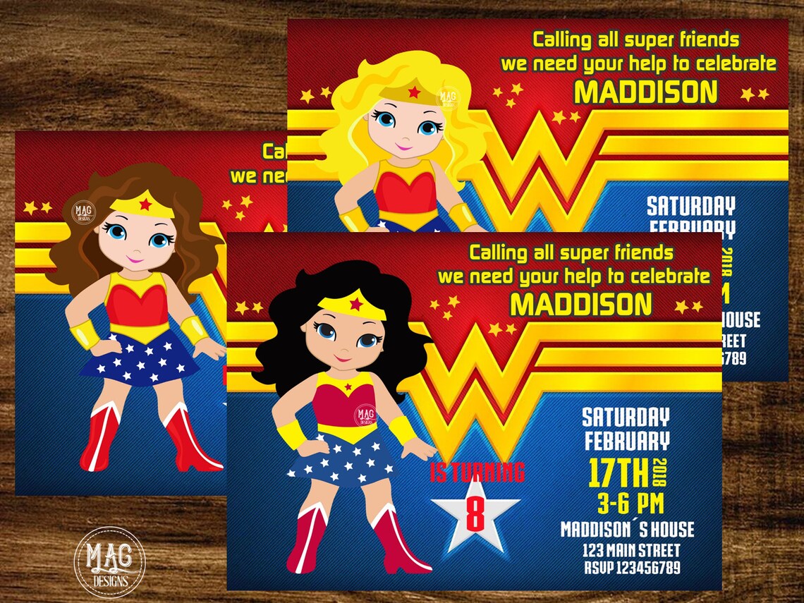 Wonder Woman Invitationssuper Girl Invitations Superhero Etsy