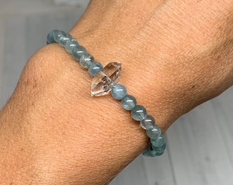Blue Apatite and Herkimer Diamond Bracelet | Sterling Silver Clasp - Boho Gemstone Jewelry