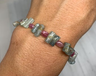 Pink Tourmaline and Aquamarine Bracelet | Sterling Silver Clasp - Boho Gemstone Jewelry