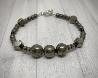 Pyrite and Black Spinel Bracelet | Sterling Silver Clasp - Boho Gemstone Jewelry