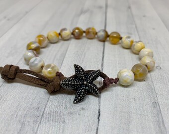 Yellow Agate Starfish Button Knotted Bracelet | Boho Gemstone Jewelry