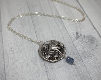 Fine Silver Crane Pendant with Blue Sapphire dangle on Sterling Silver Chain | Gifts for Her - Gemstone Jewelry