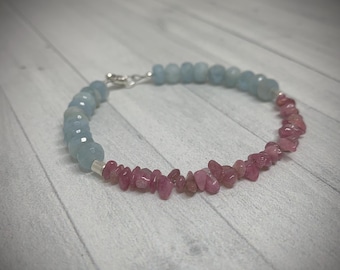 Pink Tourmaline and Aquamarine Bracelet | Sterling Silver Clasp - Boho Gemstone Jewelry