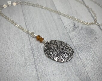 Fine Silver Spiderweb Pendant with Hessonite Garnet  on Sterling Silver Chain | Gifts for Her - Gemstone Jewelry