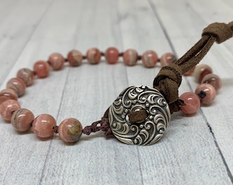 Rhodochrosite Silver Button Knotted Bracelet | Boho Gemstone Jewelry - Large beaded bracelet