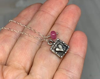 Dainty Silver Heart Pendant with Pink Sapphire dangle on Sterling Silver Chain | Gifts for Her - Gemstone Jewelry
