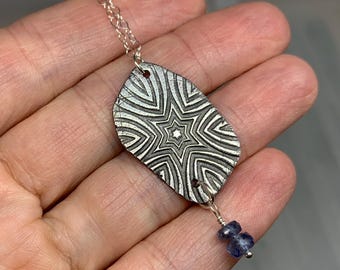 Fine Silver Starburst Pendant with Blue Sapphire dangle on Sterling Silver Chain | Gifts for Her - Gemstone Jewelry