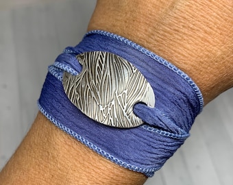 Fine Silver Blue Silk Wrap Bracelet