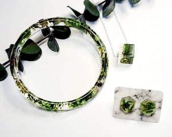 Terrarium set, Resin bracelet, pendant and earstuds, dried preserved plant jewelry, terrarium jewelry