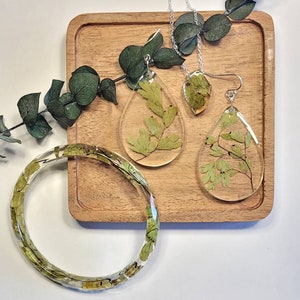 Preserved Ferns, Resin bracelet with pendant and earrings, dried preserved plant jewelry, terrarium jewelry