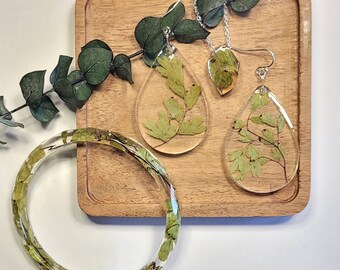 Preserved Ferns, Resin bracelet with pendant and earrings, dried preserved plant jewelry, terrarium jewelry