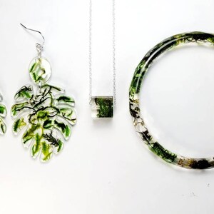 Terrarium set, Resin bracelet, pendant and earrings, dried preserved plant jewelry, terrarium jewelry