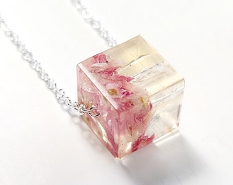 Terrarium pendant necklace- Red Plum Petals Cube Resin Pendant