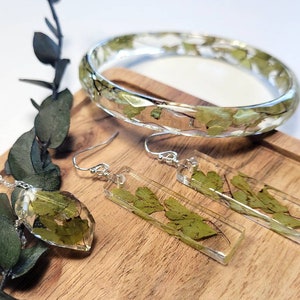 Dried plant jewelry set, Resin bracelet, pendant and earrings,  preserved plant jewelry, terrarium jewelry, fern jewelry