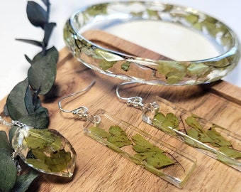 Dried plant jewelry set, Resin bracelet, pendant and earrings,  preserved plant jewelry, terrarium jewelry, fern jewelry