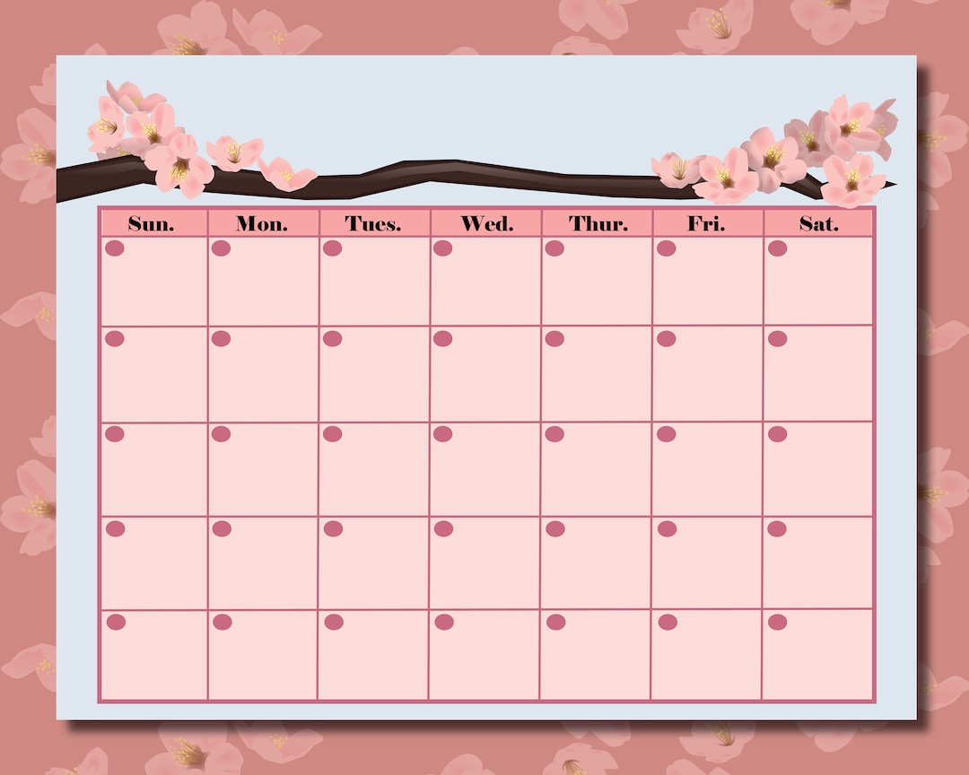 Cherry Blossom Monthly Calendar Digital Print Reusable Undated Calendar