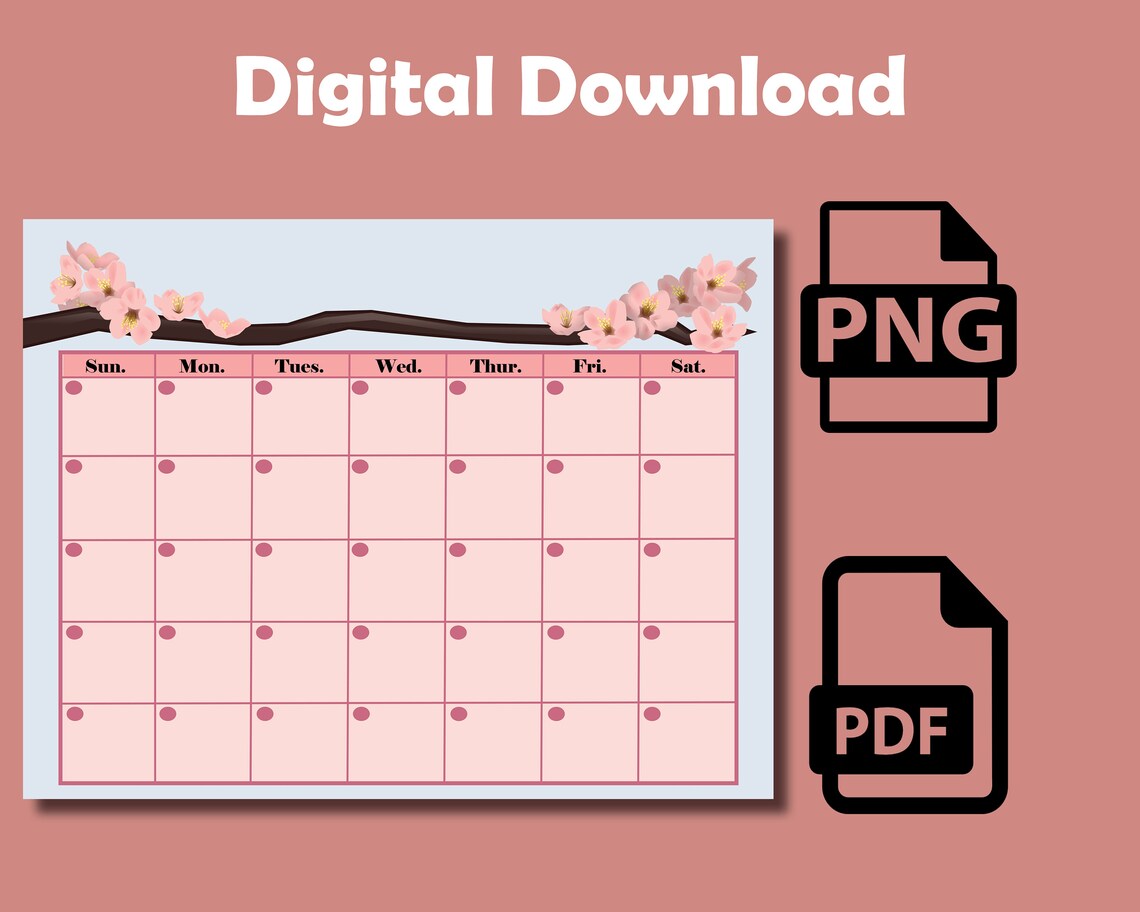 Cherry Blossom Monthly Calendar Digital Print Reusable Undated Calendar