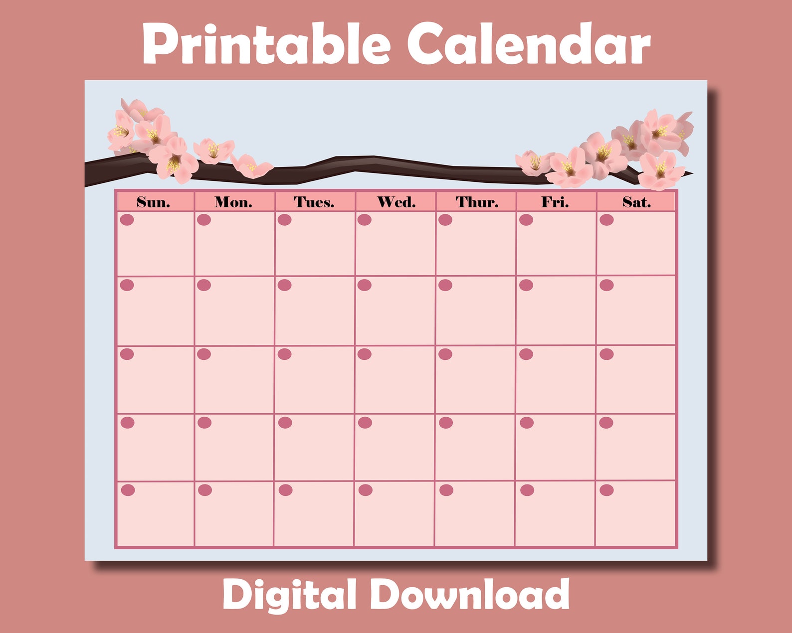 Cherry Blossom Monthly Calendar Digital Print Reusable Undated Calendar ...