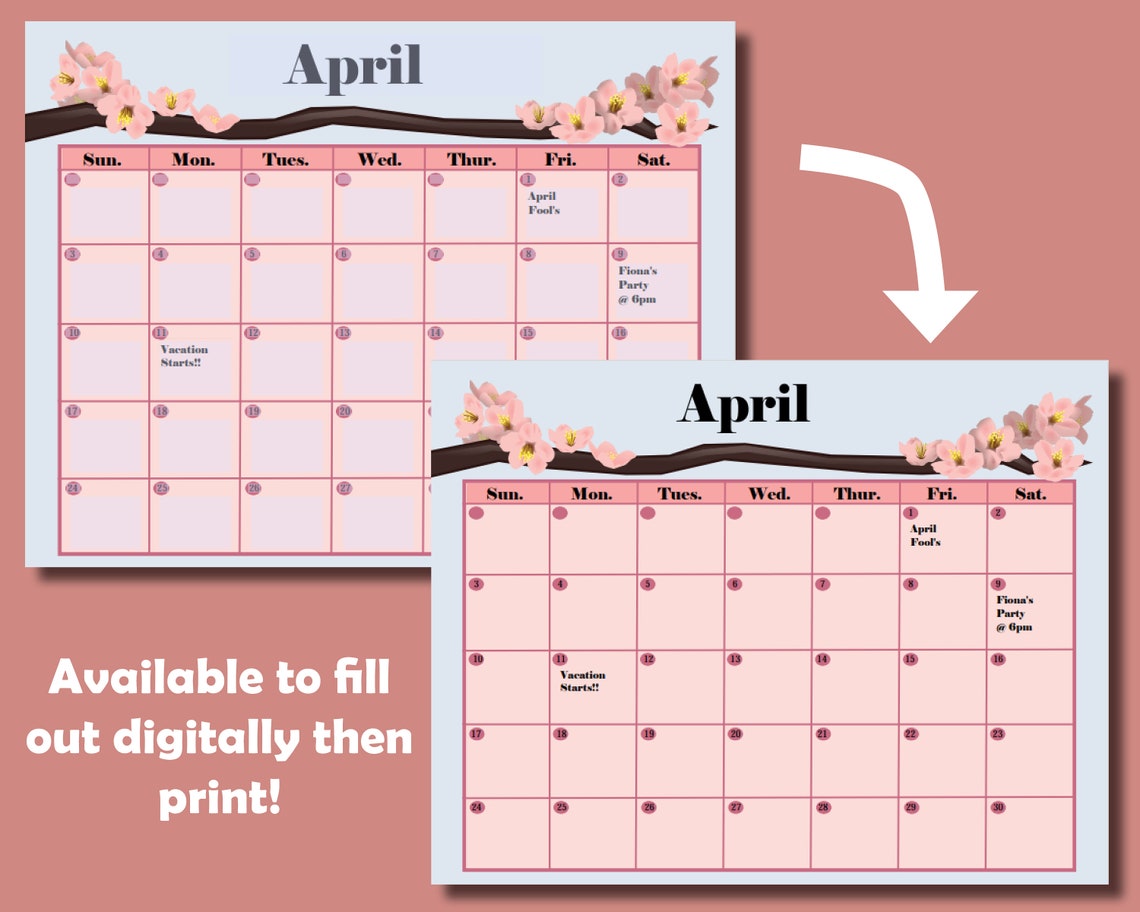 Cherry Blossom Monthly Calendar Digital Print Reusable Undated Calendar