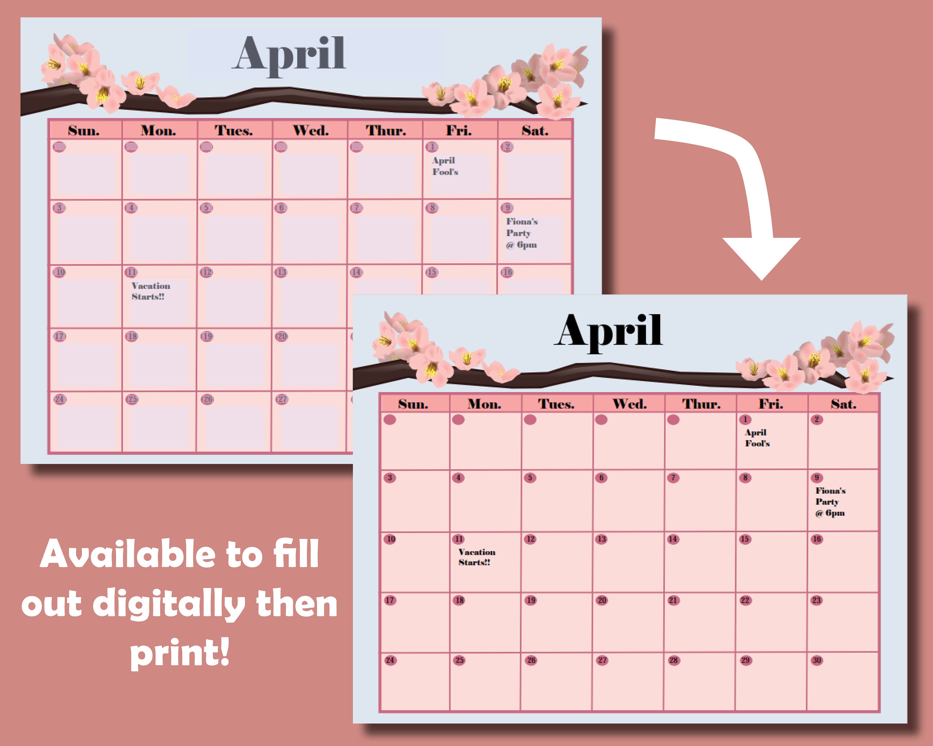 Cherry Blossom Monthly Calendar Digital Print Reusable Undated Calendar